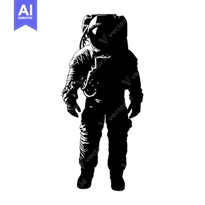 A black and white silhouette of an astronaut standing with a full suit