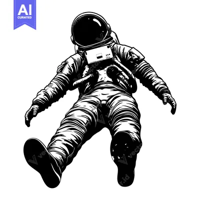Aset desain premium: Astronaut floating in space, illustrated in black and white.