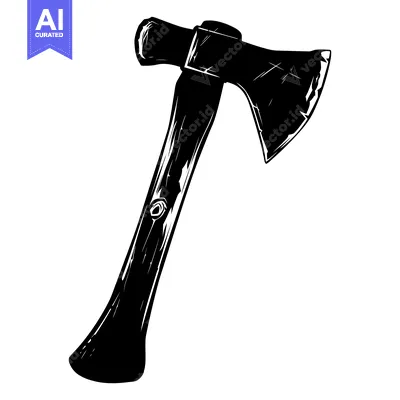 Premium design asset: A black and white illustration of an axe, isolated on a white backgrou
