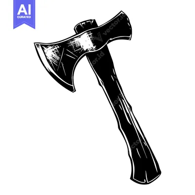 Popular premium asset: A Black and White Illustration of a Worn Wooden-Handled Axe