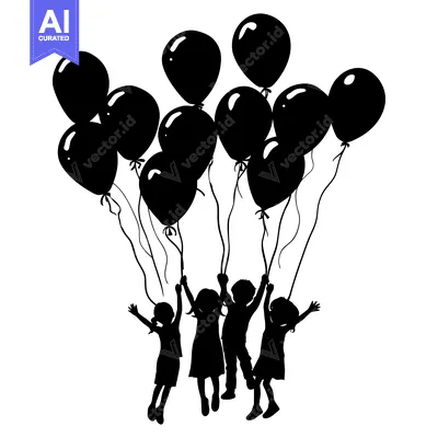 Aset desain premium: Silhouette of Children Holding Balloons