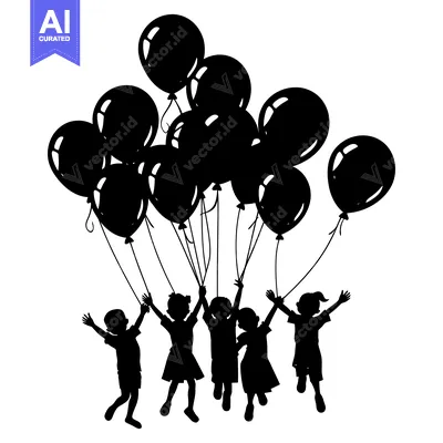 Aset premium populer: Silhouette of six children holding balloons