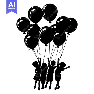 Premium design asset: Silhouette of Four Children Holding Balloons