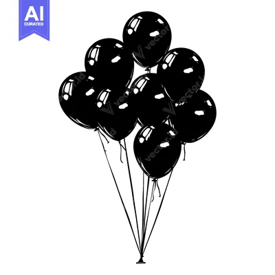 Aset desain premium: A cluster of eight black balloons tied together with strings