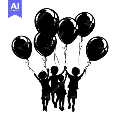 Aset premium populer: Silhouette of four children holding balloons and jumping in the air