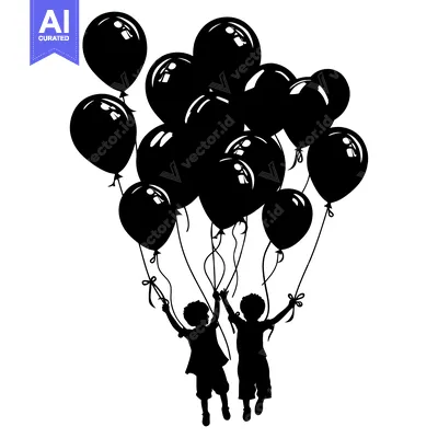 Aset desain premium: Two Silhouettes of Children Holding Black Balloons
