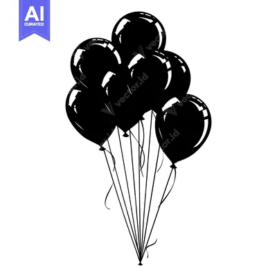 Black and white silhouette of a bunch of balloons with strings