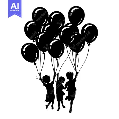Aset desain premium: Silhouette of three children holding a bunch of balloons