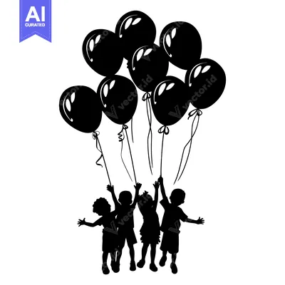 Premium design asset: Silhouettes of four children holding balloons