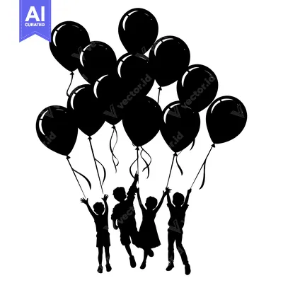 Aset premium populer: Silhouette of four children holding onto balloons