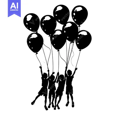 Silhouette of Four Children Holding Balloons