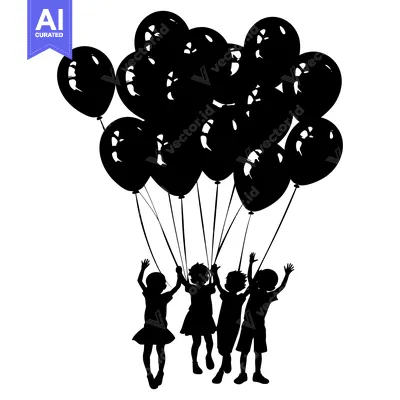 Silhouettes of Four Children Holding Balloons