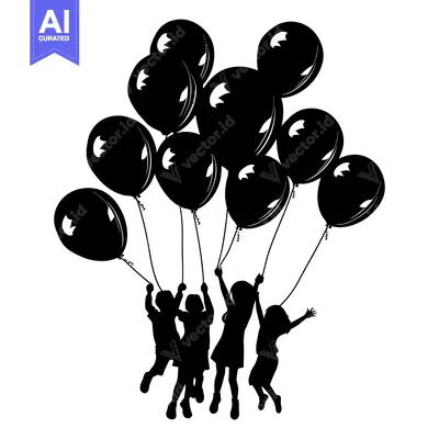 Four Children Holding Black Balloons