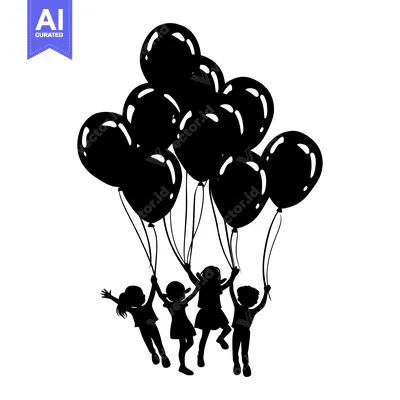 Aset premium populer: Silhouette of four children holding balloons