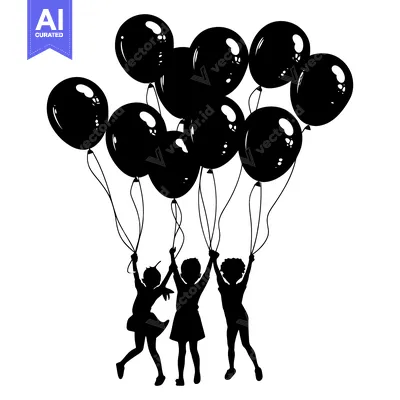 Premium design asset: Three Children Silhouetted Holding Balloons