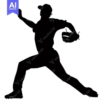 Aset premium populer: Silhouette of a baseball pitcher in mid-throw, with a glove and a cap