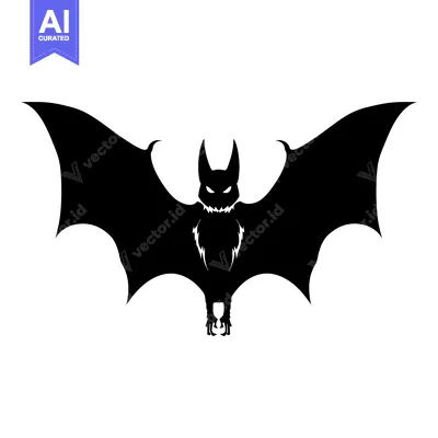 Aset desain premium: Black and White Silhouette of a Ferocious Bat with Spiked Wings