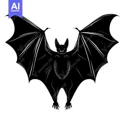 Aset desain premium: Black and white silhouette of a bat with wings spread wide