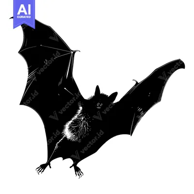 Premium design asset: Black and white illustration of a bat in flight with wings spread