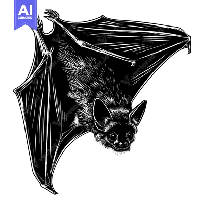 Aset desain premium: Black and White Illustration of a Bat Hanging Upside Down