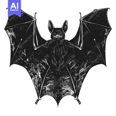 Aset premium populer: Black and white illustration of a bat with outstretched wings