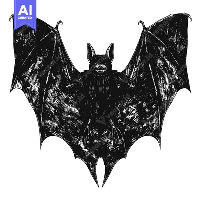 Aset desain premium: Black and White Illustration of a Bat with Spread Wings