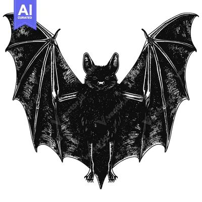 Aset desain premium: Black and White Illustration of a Bat with Spread Wings