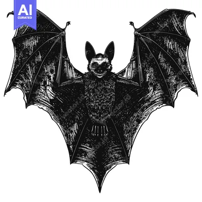 Aset desain premium: Black and White Illustration of a Bat with Spread Wings