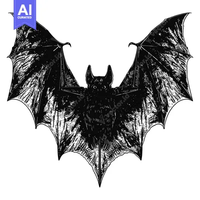 Aset desain premium: Black and White Detailed Illustration of a Bat with Spread Wings