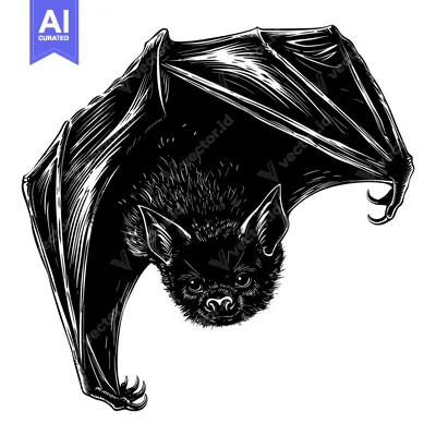 Premium design asset: Black and White Illustration of a Bat Hanging Upside Down
