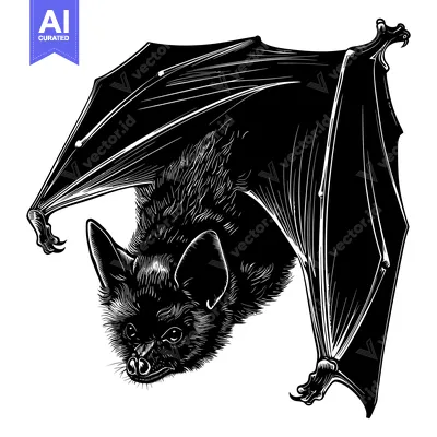 Aset premium populer: A Detailed Black and White Illustration of a Bat Hanging Upside Down