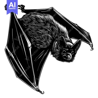 Premium design asset: Black and White Illustration of a Bat with Spread Wings
