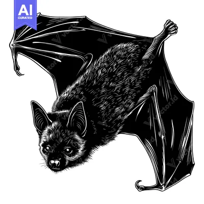 Premium design asset: Black and White Line Art Illustration of a Bat Hanging Upside Down