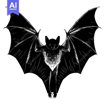 Popular premium asset: Black and white illustration of a bat with its wings spread