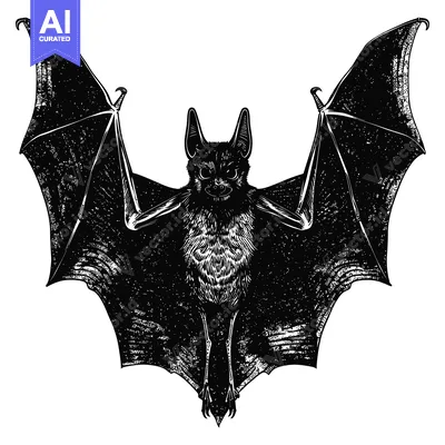 Aset desain premium: Black and White Illustration of a Bat with Spread Wings