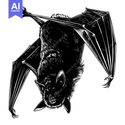 Aset desain premium: Black and White Illustration of a Bat Hanging Upside Down