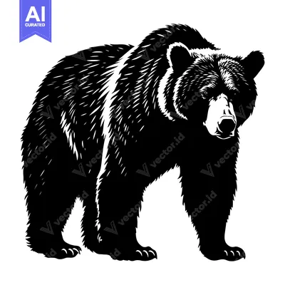 Premium design asset: Black and White Silhouette of a Grizzly Bear Standing