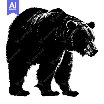 Aset premium populer: Black and White Silhouette of a Grizzly Bear Standing