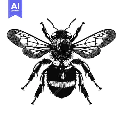 Aset premium populer: Black and white illustration of a bumblebee with wings spread