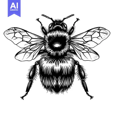 Premium design asset: Black and White Illustration of a Bumblebee with Spread Wings