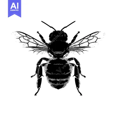 Black and White Illustration of a Bee with Outspread Wings