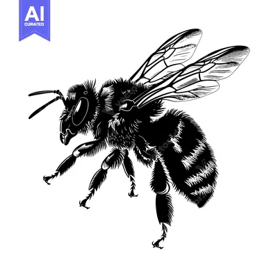 Premium design asset: A Black and White Illustration of a Fuzzy Bee in Flight