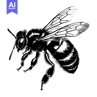 Aset desain premium: Black and white illustration of a bee in flight