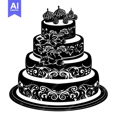 Aset premium populer: Black and White Silhouette of an Ornate Four-Tiered Cake with Whipped