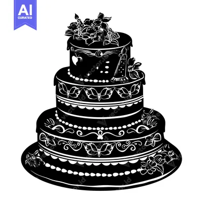 Premium design asset: Black and White Silhouette of a Three-Tiered Wedding Cake Decorated wi