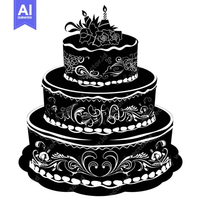 Aset premium populer: Black and white silhouette of a three-tiered cake with candles and flo