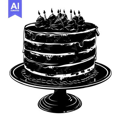 Popular premium asset: Black and white illustration of a cake with candles on a pedestal