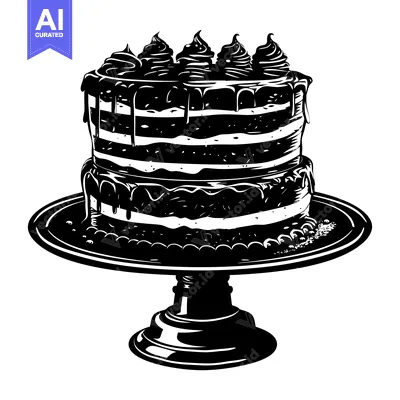 Aset desain premium: Black and White Illustration of a Two-Tiered Chocolate Cake with Icing