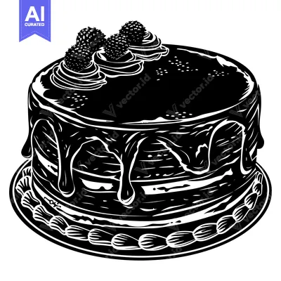 Aset desain premium: Black and White Illustration of a Chocolate Cake with Berries