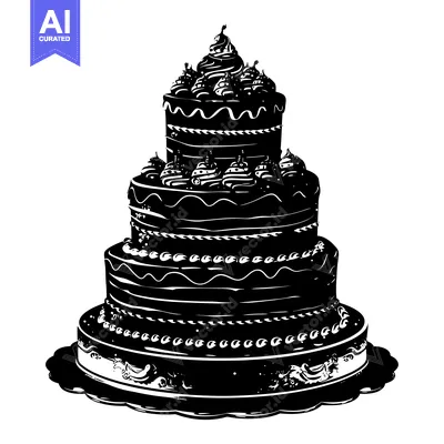 A Black and White Silhouette of a Three-Tiered Cake with Swirls